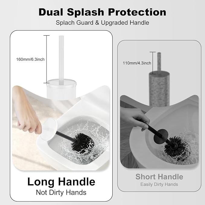 Metal Vertical Grain Toilet Bowl Brush and Holder Set Scrubber White | Extra Long Handle with Splash Guard Cover, Bathroom Space-Saving, Heavy Durable Deep Cleaning, Cleaner Sets for Apartments