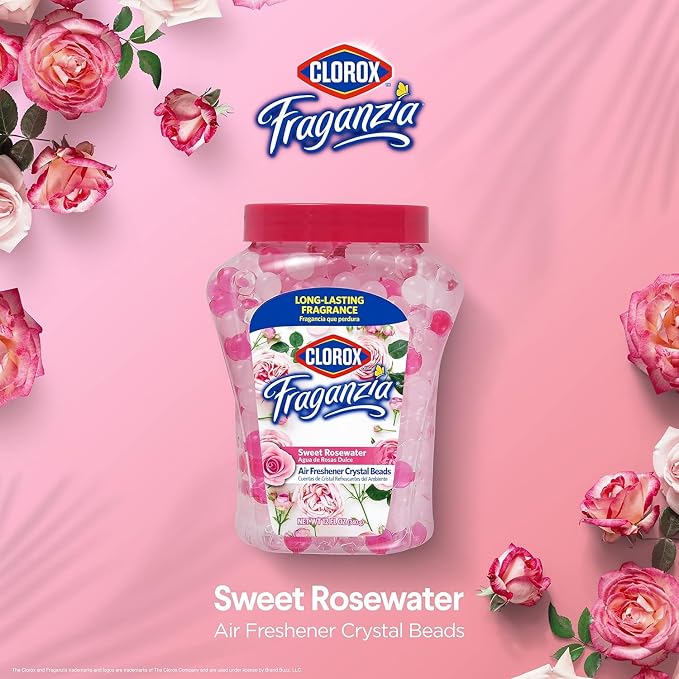 Clorox Fraganzia Crystal Beads Air Freshener, Sweet Rosewater, 12 Oz, 2-Pk | Gel bead formula, long-lasting scent, no spray or mess, home car and office use