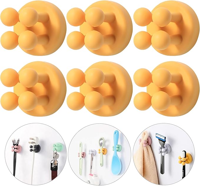 iBetterLife Silicone Toothbrush Shower Holder - 6Pcs Self Adhesive Wall Mounted Single Hook for Hanging Tooth Brushing, Functional Utility Plug Holder for Bathroom Kitchen Living Room Office, Yellow
