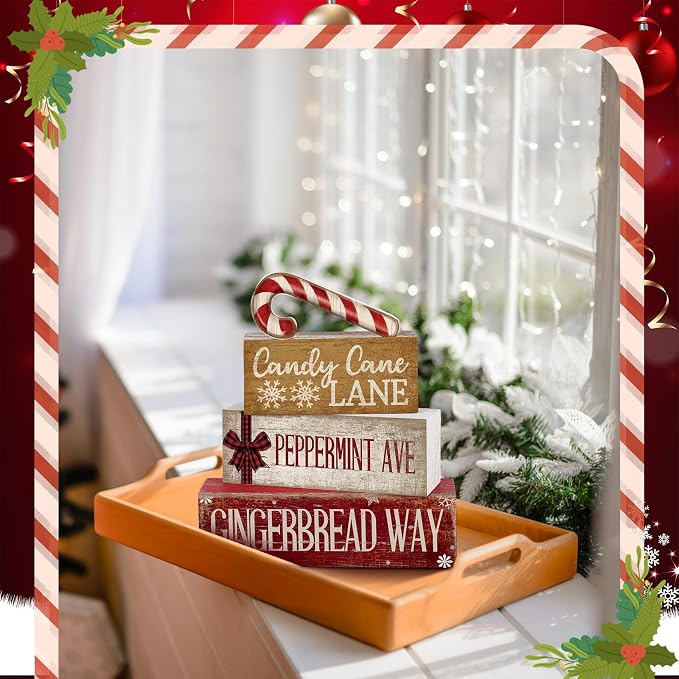 Moucuny 4 Pcs Christmas Table Decor Wooden Candy Cane Decoration Farmhouse | Tiered Rustic Design with Candy Cane, Shelf Decor for Kitchen or Living Room, Holiday Centerpiece, Farmhouse Gift