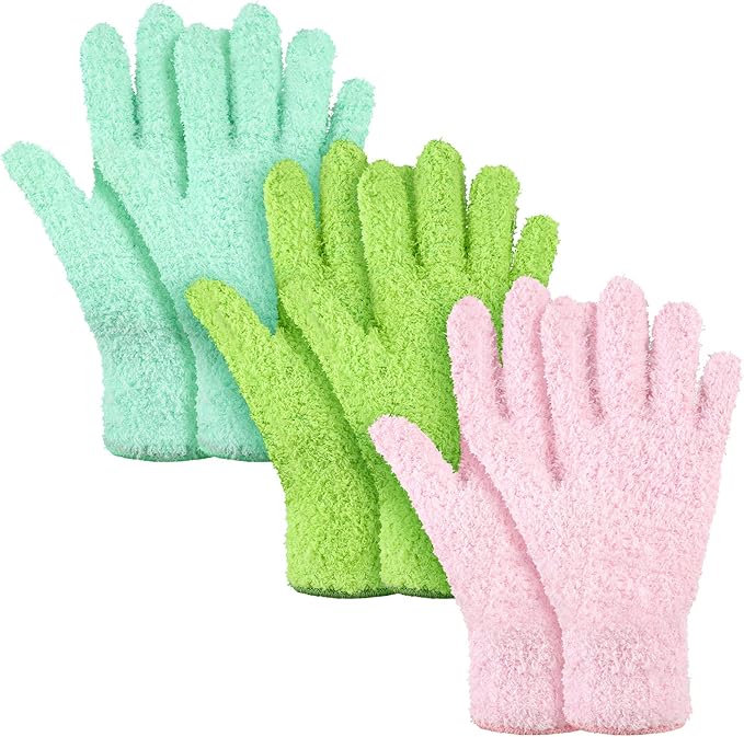 Patelai 3 Pairs Microfiber Dusting Gloves for Plants Leaf, Medium | Green Yellow, Blue, Pink,Plant Cleaning Gloves, Reusable Washable Gloves,House Furniture Blinds Dusting