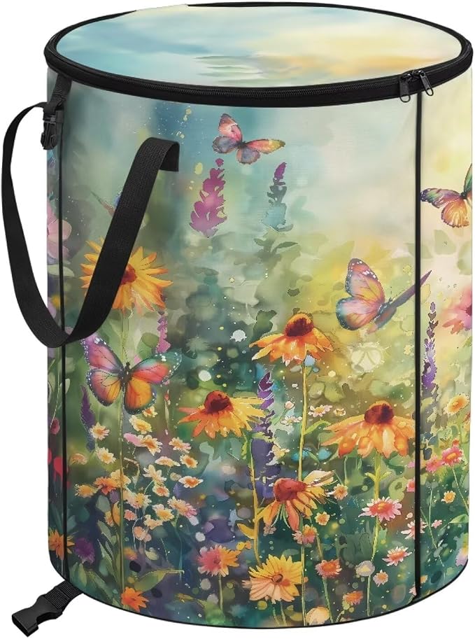 Daisy Floral Butterfly Print 24 Gallon Reusable Yard Waster Bag Garden Leaf Bin Collapsible Camping Trash Container Stand-up Waster Bin with Lid and Handles