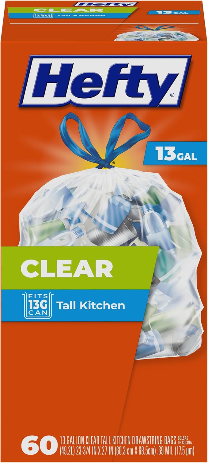 Hefty Tall Clear Trash Bags, 13 Gallon, Unscented, 60ct | 13G Kitchen Trash Bags, Drawstring Closure, Puncture-Resistant, Use in Kitchen, Laundry Rooms, or for Storage