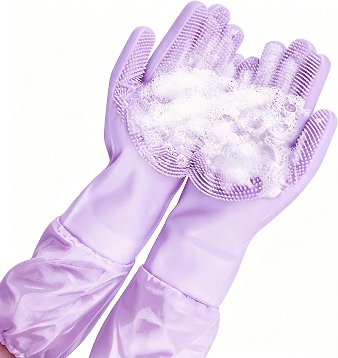 Long Sleeve Dog & Cat Washing Gloves, Pet Bathing Grooming Tool (Purple)
