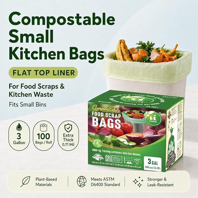 UNNI 3 Gallon Compost Bags for Countertop Bin, 600 CT, Extra Thick 0.71 Mil | Compostable Bags for Kitchen Food Scraps, Small Bin Liners, 6 Packs of 100, Certified by BPI, CMA & OK compost HOME