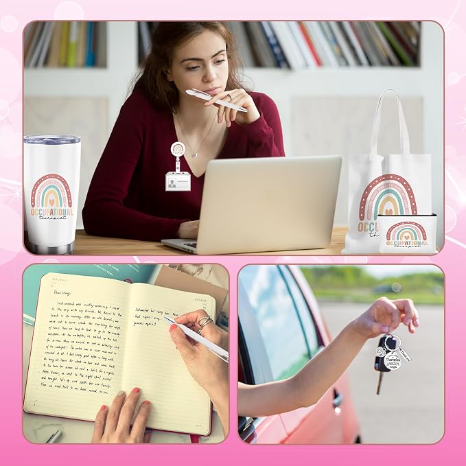 7 Pcs Occupational Therapy Appreciation Gifts Graduation OT Gifts | Flower Canvas Tote Bag Makeup Bag Tumbler Mug OT Spiral Journal Notebook Ballpoint Pen Badge And Keychain