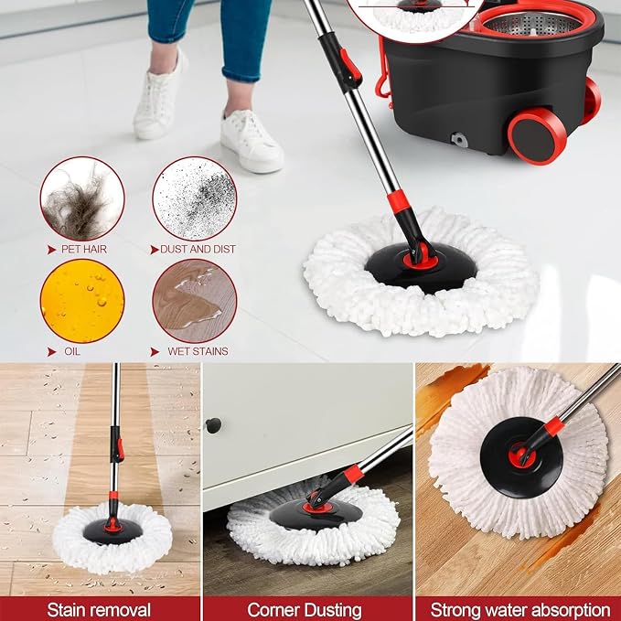 Spin Mop and Bucket with Wringer Set on Wheels,360° Spinning Mop Bucket System for Floor Cleaning, Mop and Bucket Set with 3 Microfiber Mop Replacement Heads and 61" Stainless Steel Adjustable Handle