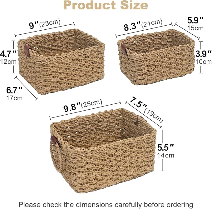 Paper Rope Storage Baskets Set of 3, Handwoven Decorative Wicker Organizer Bins with Handles for Shelves, Bathroom, Closet & Pantry, Soft Woven Nesting Storage Basket Set (Khaki)
