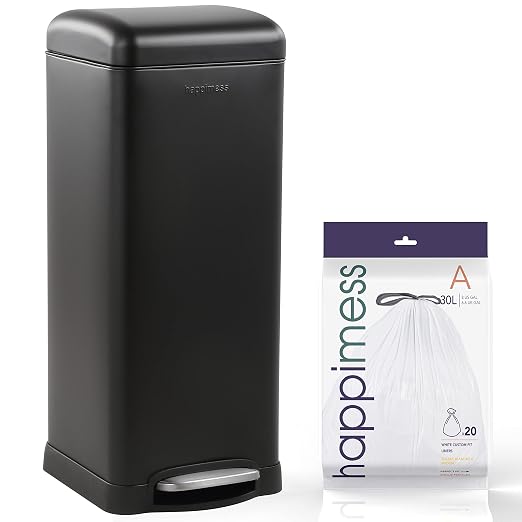 happimess Betty 8 Gal Step Trash Can Soft-Close Lid, Charcoal Black | Fingerprint Resistant, Removable Liner, Semi-Rectangular, Steel Pedal, Iron Powder Coated, 27" Height, Non-Skid Base