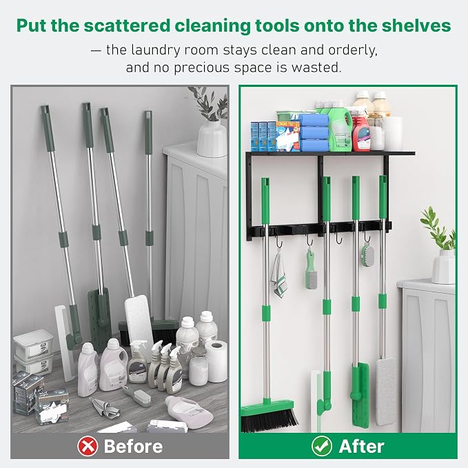 CCCEI Broom and Mop Wall Mount with Shelf, Laundry Room Cleaning Tools Organization Hanging Rack with Hooks, Bathroom, Garage, Garden Organizers and Storage. All Metal, Black, 1 Pack.