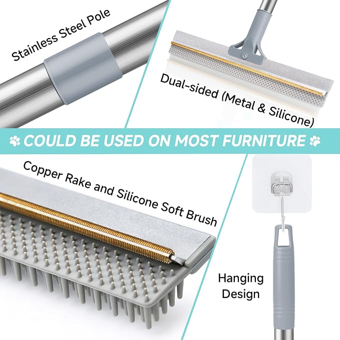 Carpet Rake for Pet Hair Removal Tool, Reusable Pet Hair Remover Broom | Dog&Cat Hair Remover Scraper Rake with 54” Adjustable Long Handle, 3 Pcs Carpet Brush Rake for Rugs, Mats, Couch, Furniture
