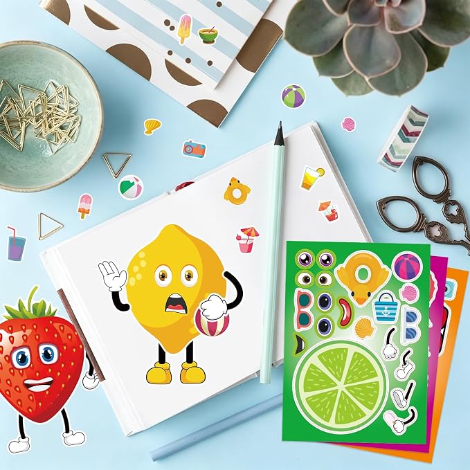 24 Sheets Fruit Make a Face Sticker, Make Your Own Fruit Stickers Mix and Match Sticker for Home School Classroom Crafts Activities Reward Birthday Party Favors