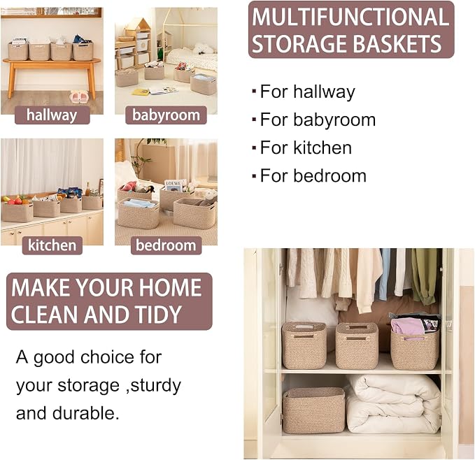 OIAHOMY 4 Pack Storage Baskets for Organizing 24L Cube Storage Bins Brown | Woven Baskets for Storage Rectangle Small Baskets With Handles Baskets for Shelves Wicker Baskets for Shelves 16x12x8inch