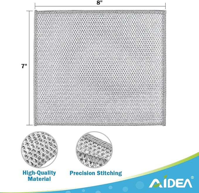 AIDEA Non Scratch Wire Dishcloth 12PK, Dish Cloths for Washing Dishes 7"×8" | Wire Dishwashing Rag for Wet and Dry, Dish Rags No Odor, Cleaning Pads Steel Scrubber for Cookware, Sinks, Dishes, Stove Tops