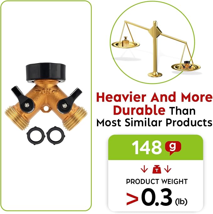 Brass Hose Y Connector Brass Garden Hose Adapter, Garden Hose Splitter 2 Way Heavy Duty, Hose Bib Splitter with 2 Extra Rubber Washers