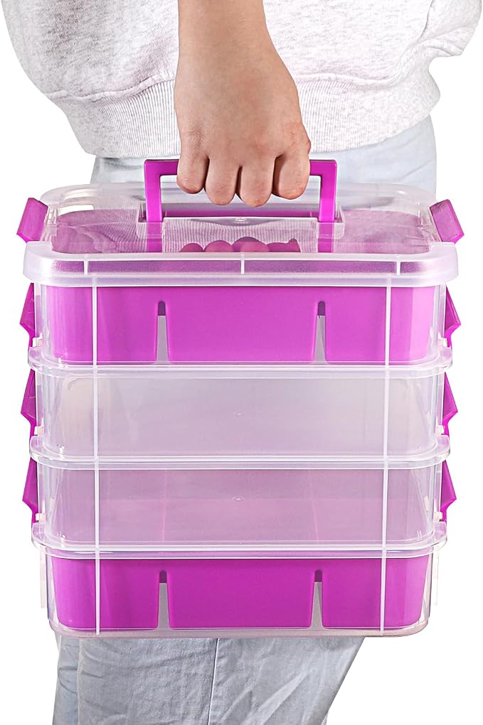 JUXYES 4-Tiers Plastic Stack Carry Storage Containers Box wih Handle Lids | Clear Stackable Latching Storage Bin With 2 Tray for School Office, Organizing Sewing, Art Craft, DIY Supplies, Purple