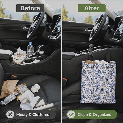Chinoiserie Yorkshire Terrier Car Garbage Bag Canvas Trash Can | Blue and White Yorkie Dog Drawstring Car Trash Bag Hanging for Back Seat with Adjustable Buckle