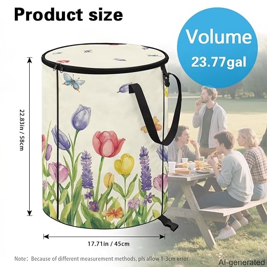 Tulip Butterfly Outdoor Collapsible Trash Can Lightweight & Easy to Carry Pop up Trash Can for Camping Foldable Waterproof Camping Essentials 24 Gal Yard Garden Garbage Bin