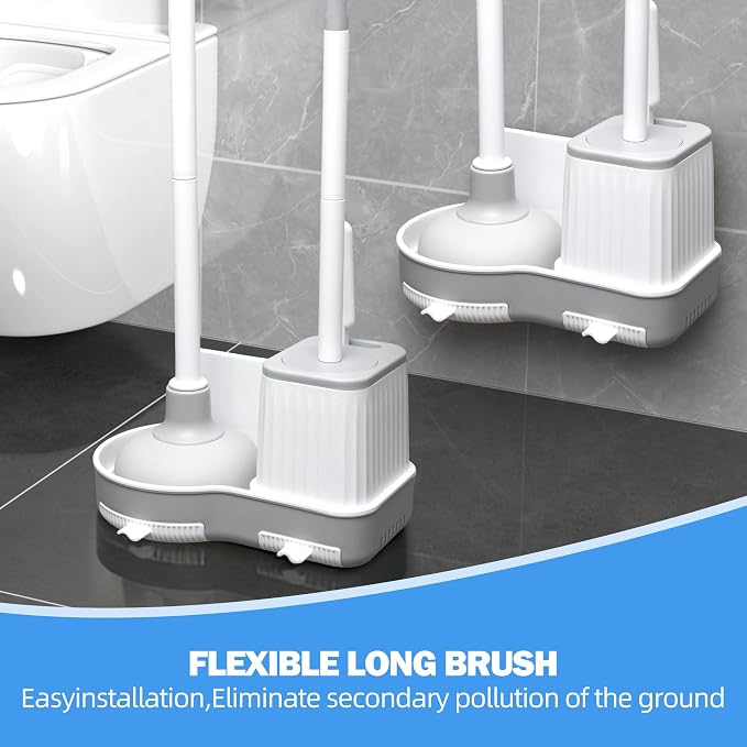 2 Pack Toilet Brush and Plunger Set, Plunger and Brush Set, White | Nylon Bristles, Strong Suction Plunger, With a drip tray, Bathroom Cleaning Tools,Apartment essentials, compact floor storage
