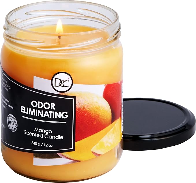 Mango Odor Eliminating Highly Fragranced Candle - Eliminates 95% of Pet, Smoke, Food, and Other Smells Quickly - Up to 80 Hour Burn time - 12 Ounce Premium Soy Blend
