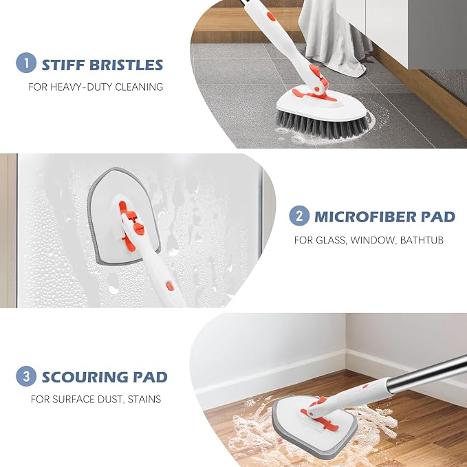 SetSail Tile Tub Scrubber Brush 3-in-1 Shower Scrubber with Long Handle | with 3 Detachable Replacement Brush Head, Multi-Angle Cleaning Locks at 45°, 90°, 180° for Bathroom Kitchen Walls Tub Tile