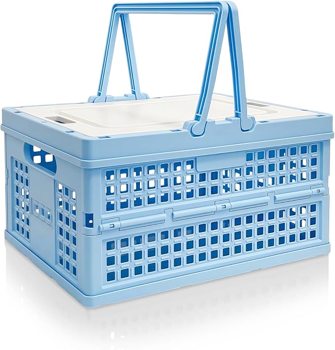 Foldable Small Plastic Baskets with Lids and Handles for Organizing,Collapsible Storage Crates, Stackable Bins for Home Kitchen Bedroom Bathroom Office (Blue, 14 * 10 * 7)