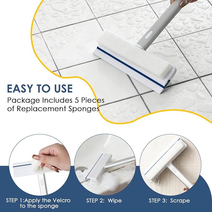 3 Pack Bathroom Shower Scrub Brush Set - Stiff Bristle Grout Cleaner Brush | 2-In-1 Detachable Shower Glass Squeegee with Replacement Sponges, Scrubbing Brushes for Cleaning Bathtub, Gaps, Tile, Sink