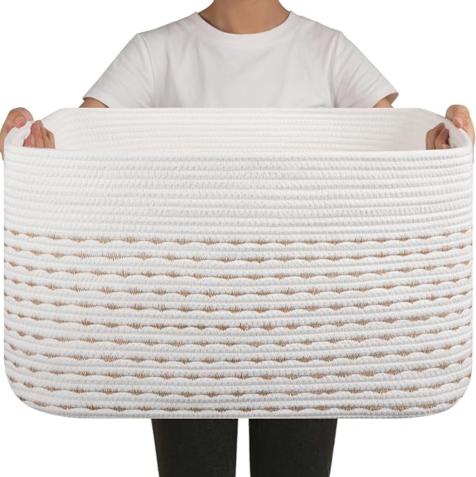 OIAHOMY 75L Blanket Basket, Woven Cotton Rope Basket for Organizing 22”x17”x12”, Used for Living Room, Bedroom, Nursery, Light Yellow & White