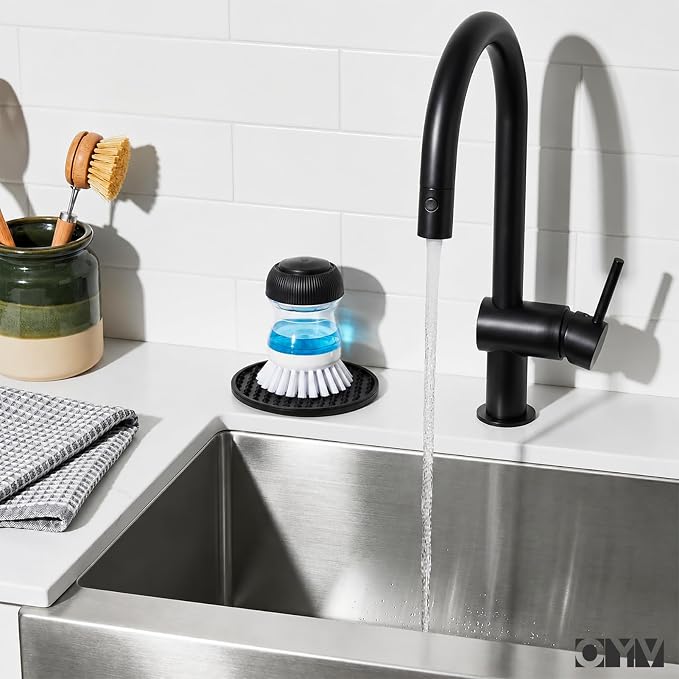 OYV Soap Dispensing Palm Brush Set | Includes Silicone Drip Tray, 1 Refill, Non-Scratch Nylon Bristles, Kitchen Dish Scrub Brush for Cleaning Pots, Pans, Sinks