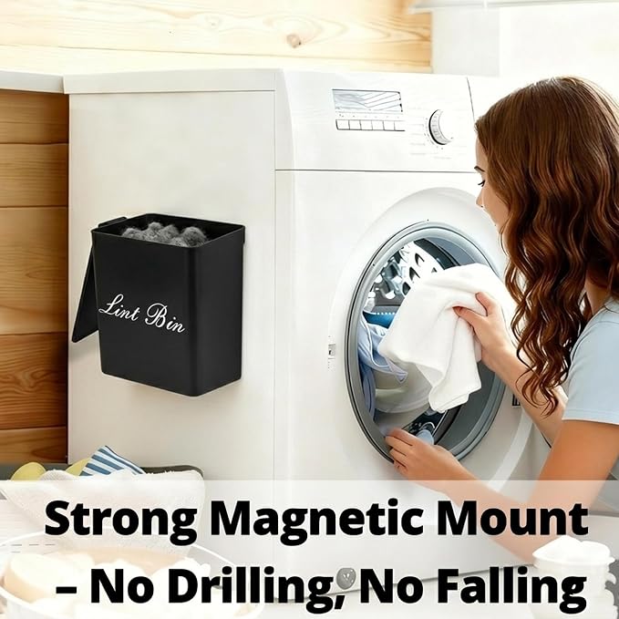 Artilife Magnetic Plastic Black Lint Bin with Lid for Laundry Room, 6 X 5 Inch Compact Wall Mount Lint Holder for Dryer, Small Black ABS Trash Can for Dryer Lint and Sheets