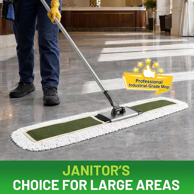 36" Commercial Dust Mop for Janitor: Dust Broom for Hardwood Floor Cleaning | 2 Large Heavy Duty Pads, Industrial-Grade Durability, 360° Swivel, Wet/Dry Use, for Gym, Warehouse, Garage, Shop, Concrete
