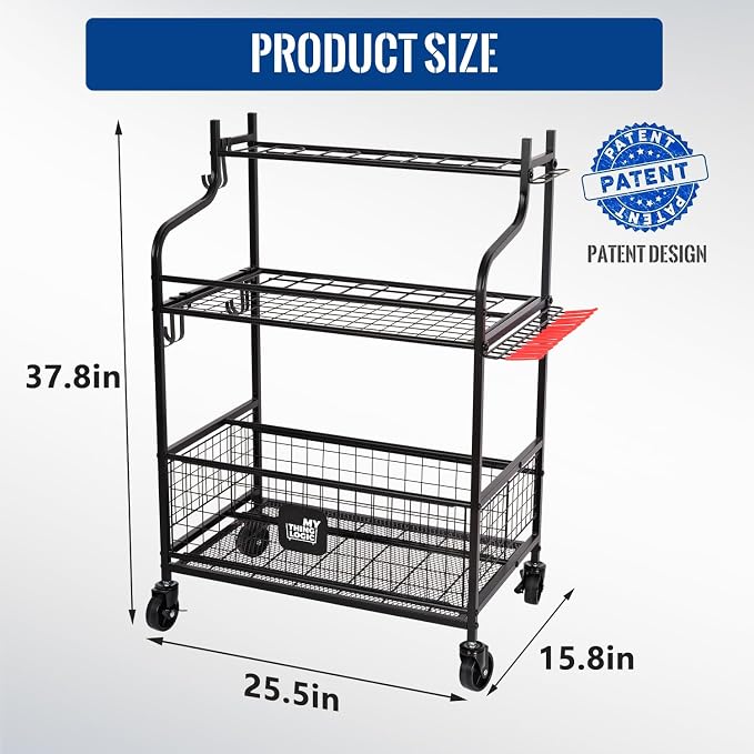 Mythinglogic Rolling Garden Tool Organizer for Garage, Yard and Lawn Tools | Metal rolling rack with multiple tool slots, movable hooks and locking casters for rakes, shovels, brooms and yard tools