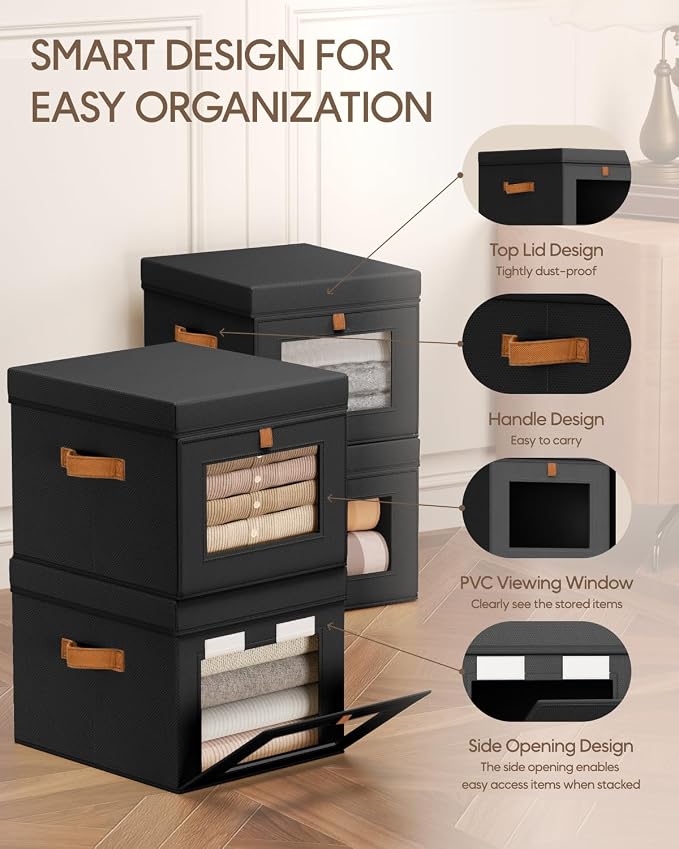 Storage Bins with Lid – Closet Organizer with Side Opening and Clear Window, Foldable Stackable Fabric Basket for Clothes, Home, Office - 13.77" x 11.8" x 9.8", 6 Pack, Black
