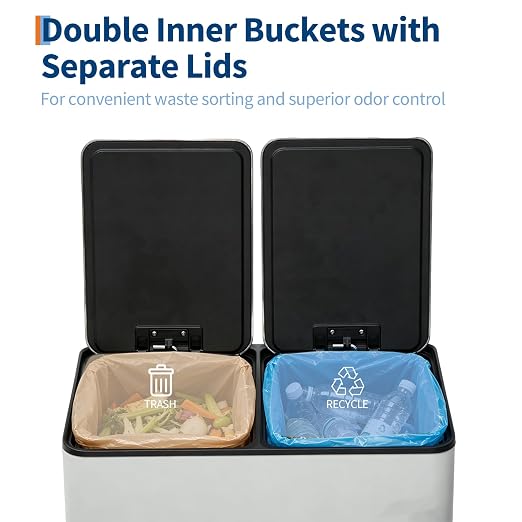 Dual Compartment Trash Can 40L (2x20L), Stainless Steel Recycling Bin with Removable Buckets, Soft Close Odor-Sealing Lid, Collapsible Pedal, Fingerprint Resistant for Home Kitchen or Office