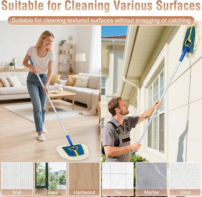 SOBONNE Commercial Dust Mop for Hardwood Floors Cleaning | 2 Reusable Wedge Cotton Mop Pads|61" Long Handle Dry Mop Broom for Walls,Laminate,Vinyl,Tile,Home Floor Duster|Blue