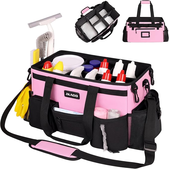 JKAOO Large Wearable Cleaning Caddy Bag with Handles, Pink | Adjustable Shoulder & Waist Straps, Removable, Waterproof Tote for Cleaning Supplies, Home, Car, Office