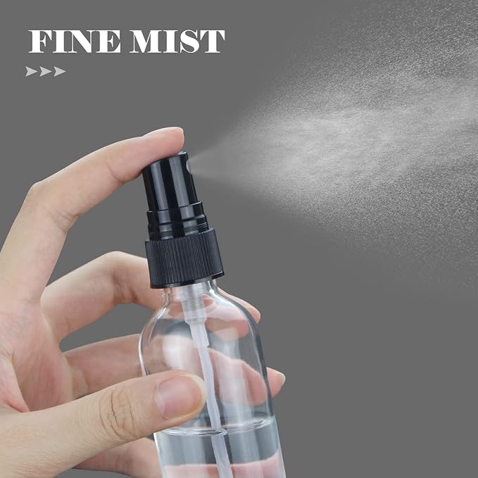 4 oz Mini Glass Spray Bottles, Empty Small Spray Bottles with Funnel Dropper, Fine Mist for Hair, Travel, Plants, Cleaning Solutions and Skin Care (4 Pack Clear)
