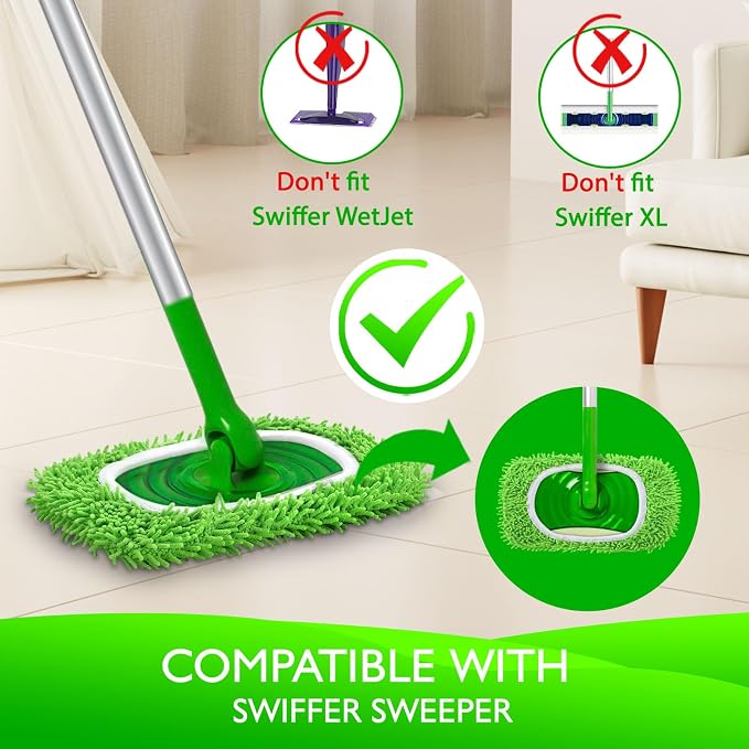 Reusable Microfiber Mop Pads Compatible with Swiffer Sweeper Mop | 4 Pack Dry Sweeping Cloths & Wet Mopping Cloths, Washable Chenille Wet Pads Refill for Mopping Floors (Mop is not Included)
