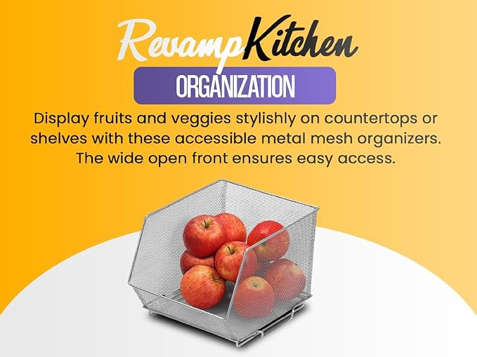 YBM HOME Kitchen Pantry Organizer Wire Basket for Shelves, Cabinets, Pantry, Countertop, Mesh Open Storage Bin Metal Basket for Organizing Food Supplies 12 x 7.8 x 5.8, 2 Pack, Silver