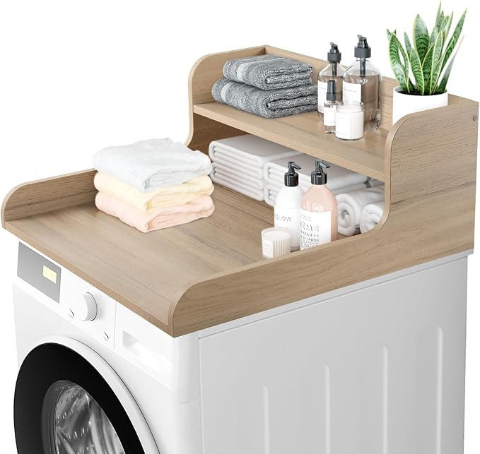 Washer Dryer Countertop 2 Tier 28 inches Wide, Laundry Shelf Topper with Edge, 28" W x 28" D x 12" H Laundry Space Organizer, Oak(Grey Tone)
