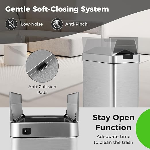 Trash Can, 13.2 Gallon Motion Sensor Garbage Bin with Wing Lids, Anti-Fingerprint Touchless Waste Bin with Soft-Closing & Stay Open, Stainless Steel Garbage Can for Narrow Spaces