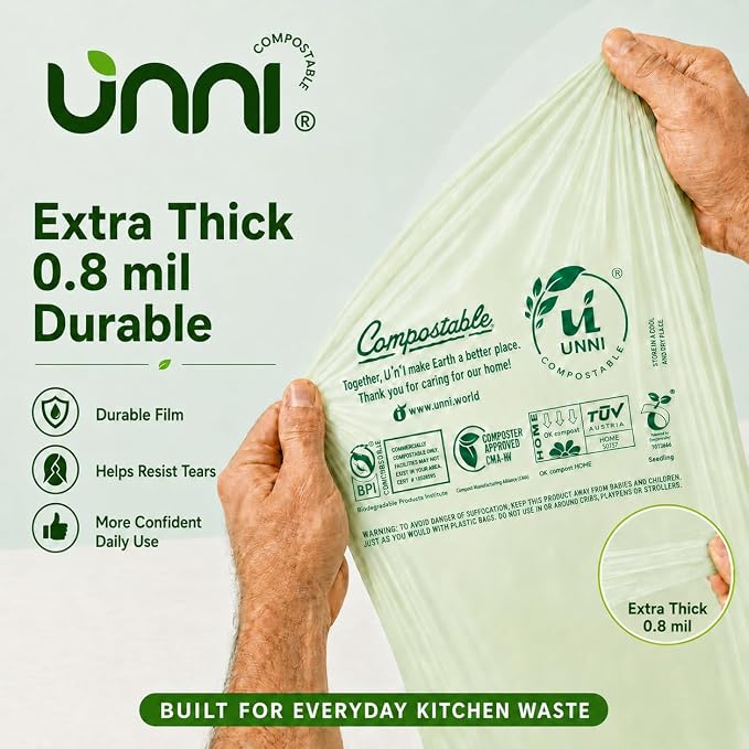 UNNI 8 Gallon Compostable Bags with Easy-Tie Handles, 30 Liter, 30 Count | Medium Compost Bags for Food Scrap Bins & Organic Kitchen Waste, Certified by BPI, CMA & OK compost HOME, Meets ASTM D6400