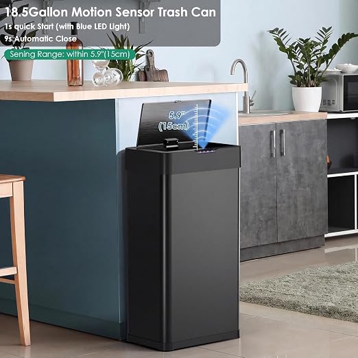 Arlopu Automatic Trash Can, Sensor Motion Stainless Steel Garbage Bin | Touchless Smart Waste Bin, W/Stay-Open, Soft Close Lid, Display Light for Kithchen, Living Room, Office (Black, 18.5gal)