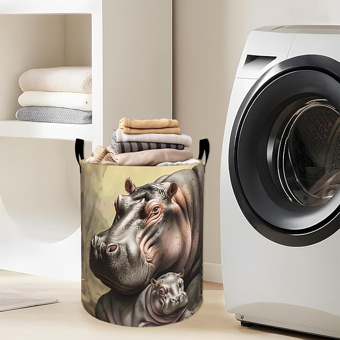 Gentle Hippos with Baby Together Laundry Basket with Handles, 19.7"x15.7" Clothes Foldable Laundry Hamper Organizer for Dorm Nursery Bedroom Bathroom Decor, Toy Storage Bin for Kids