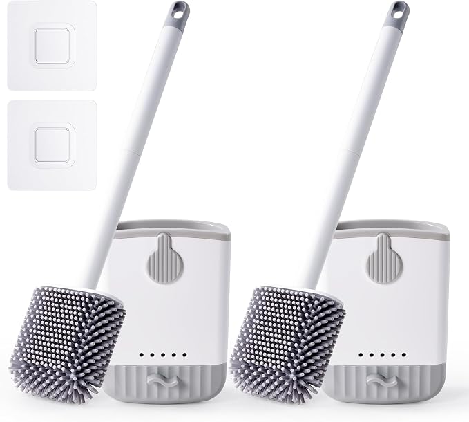 Silicone Toilet Bowl Brush with Holder, 2 Pack, White | Ventilated Holder, Floor Standing & Wall Mounted, Toilet Cleaner Brush for RV Travel, Camper, Family Bathroom