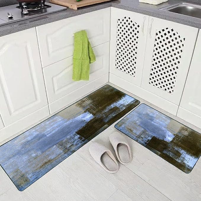 TOMWISH Blue Kitchen Rugs Blue and Brown Abstract Art Painting Kitchen Décor