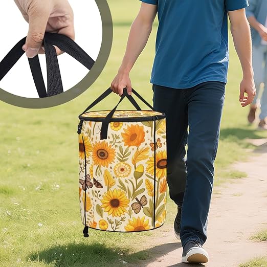 Sunflower Collapsible Trash Can 24 Gallon Pop-Up Outdoor Garbage Can with Handles Waterproof Lightweight Storage Bag with Lids for Camping, Backyard, Hiking