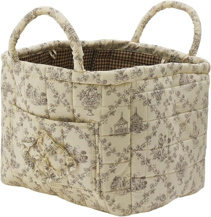Quilted Fabric Storage Basket with Handles & Pocket, Foldable Laundry Hamper Boho Floral Print Organizer Bin for Home, Picnic, Office 12"x10"x10" (B-1)