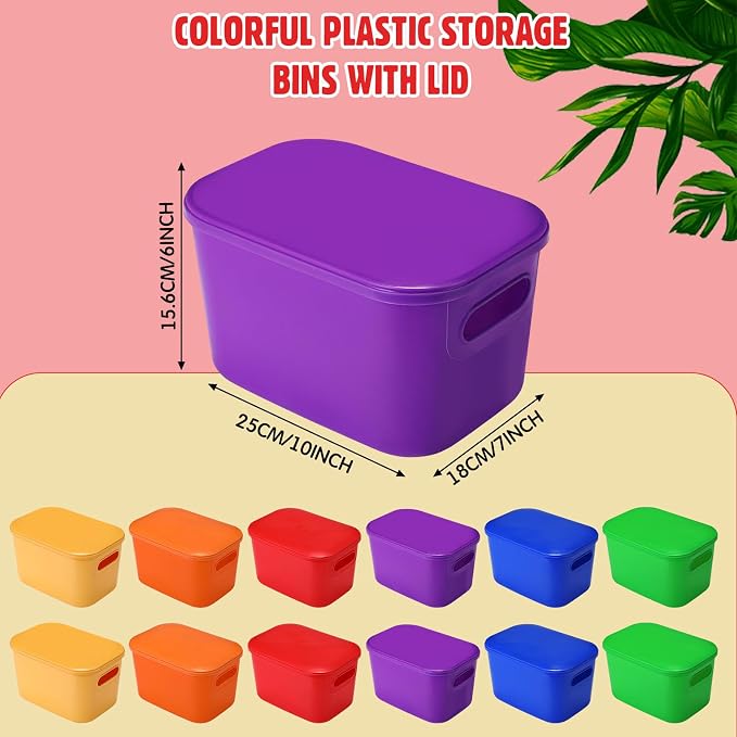 Thyle 6 Pack Colorful Plastic Storage Bins with Lids 7 Quart Vibrant Colored Toy Storage Box Stackable Nestable Organizer Box with Handle and Label for Classroom Shelf Bedroom Desktop School Supplies