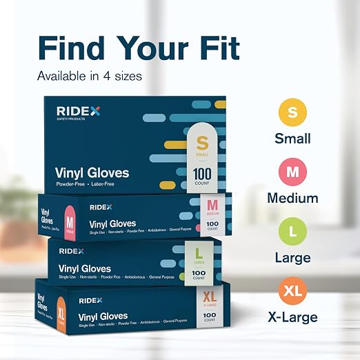 Ridex Disposable Vinyl Gloves - Large [100-Count] Powder-Free | Latex-Free Clear Vinyl Gloves, Powder-Free All-Purpose Gloves, Dispenser Box Gloves 100 Pieces, Medical Grade